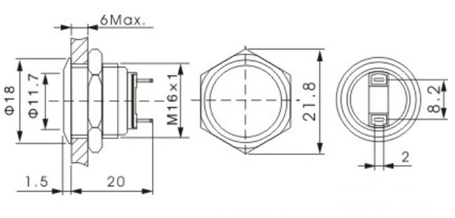 Commutatore di pulsante normalmente aperto momentaneo del metallo IP67 16MM un terminale di 2 Pin