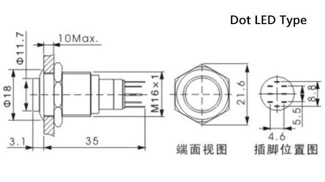 Tipo commutatore di pulsante del metallo del LED, peso leggero del punto del commutatore di pulsante di 5 Pin
